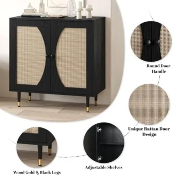 Stylish Black Rattan Buffet Sideboard Cabinet with Storage