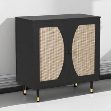 Stylish Black Rattan Buffet Sideboard Cabinet with Storage