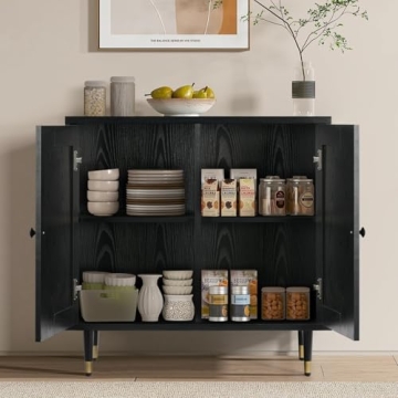 Stylish Black Rattan Buffet Sideboard Cabinet with Storage