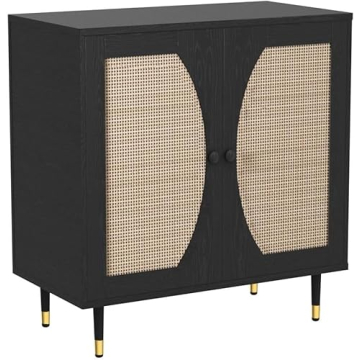 Stylish Black Rattan Buffet Sideboard Cabinet with Storage