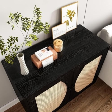 Stylish Black Rattan Buffet Sideboard Cabinet with Storage