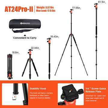 [Upgrade Version] GEEKOTO 77'' Tripod, Aluminum Camera Tripod Monopod, Foldable DSLR Tripod for Trav...