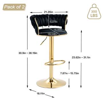 KINFFICT Velvet Swivel Bar Stools Set of 2, Adjustable Counter Height Bar Stool with Woven Back, Upholstered Kitchen Dining Chairs, Modern Barstools for Kitchen Island, Cafe, Pub, Bar Counter(Black)
