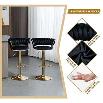 KINFFICT Velvet Swivel Bar Stools Set of 2, Adjustable Counter Height Bar Stool with Woven Back, Upholstered Kitchen Dining Chairs, Modern Barstools for Kitchen Island, Cafe, Pub, Bar Counter(Black)