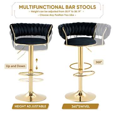 KINFFICT Velvet Swivel Bar Stools Set of 2, Adjustable Counter Height Bar Stool with Woven Back, Upholstered Kitchen Dining Chairs, Modern Barstools for Kitchen Island, Cafe, Pub, Bar Counter(Black)