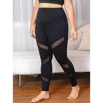 MEJING Plus Size Workout Leggings for Women with Pockets Black Yoga Pants Tummy Control Mesh High Wa...