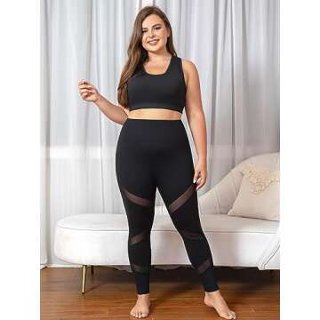 MEJING Plus Size Workout Leggings for Women with Pockets Black Yoga Pants Tummy Control Mesh High Waist Gym Clothes Athletic Stretchy Black 4XL