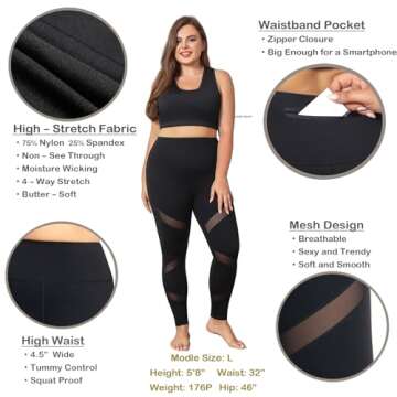 MEJING Plus Size Workout Leggings for Women with Pockets Black Yoga Pants Tummy Control Mesh High Waist Gym Clothes Athletic Stretchy Black 4XL