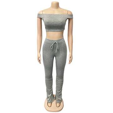 Annystore Women's Sexy 2 Piece Outfits Clubwear Off Shoulder Tube Crop Tops + Long Stacked Leggings Pants Set Tracksuit Grey XL