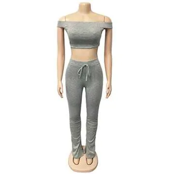Annystore Women's Sexy 2 Piece Outfits Clubwear Off Shoulder Tube Crop Tops + Long Stacked Leggings Pants Set Tracksuit Grey XL