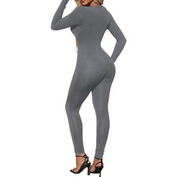 Hilinker Womens Sexy Long Sleeve One Piece Bodycon Jumpsuit Cut Out Club Outfits Grey Medium