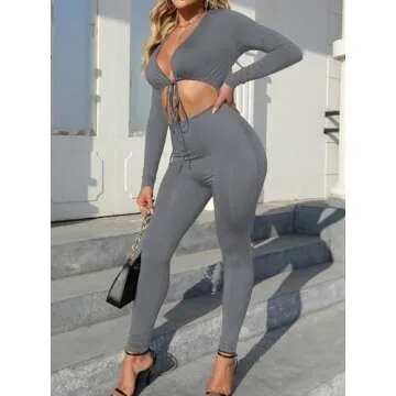 Hilinker Womens Sexy Long Sleeve One Piece Bodycon Jumpsuit Cut Out Club Outfits Grey Medium
