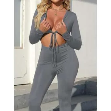 Hilinker Womens Sexy Long Sleeve One Piece Bodycon Jumpsuit Cut Out Club Outfits Grey Medium
