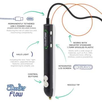 3Doodler Flow 3D Printing Pen for Teens, Adults & Creators! - Black - with Free Refill Filaments + Stencil Book + Getting Started Guide