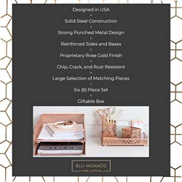 BLU MONACO Office Supplies Rose Gold Desk Accessories for Women-6 Piece Interlocking Stylish Desk Organizer Set- Pen Cup, 3 Accessory Trays, 2 Letter Trays-Rose Gold Paper Tray Holder