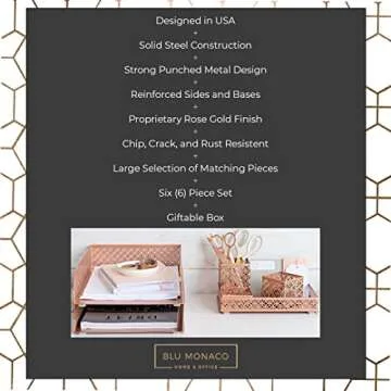 BLU MONACO Office Supplies Rose Gold Desk Accessories for Women-6 Piece Interlocking Stylish Desk Organizer Set- Pen Cup, 3 Accessory Trays, 2 Letter Trays-Rose Gold Paper Tray Holder