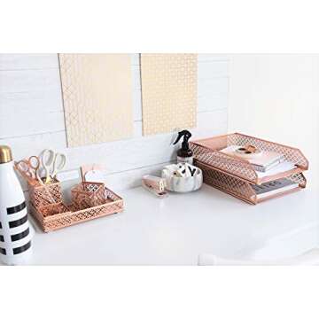 BLU MONACO Office Supplies Rose Gold Desk Accessories for Women-6 Piece Interlocking Stylish Desk Organizer Set- Pen Cup, 3 Accessory Trays, 2 Letter Trays-Rose Gold Paper Tray Holder