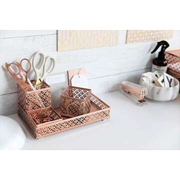 BLU MONACO Office Supplies Rose Gold Desk Accessories for Women-6 Piece Interlocking Stylish Desk Organizer Set- Pen Cup, 3 Accessory Trays, 2 Letter Trays-Rose Gold Paper Tray Holder