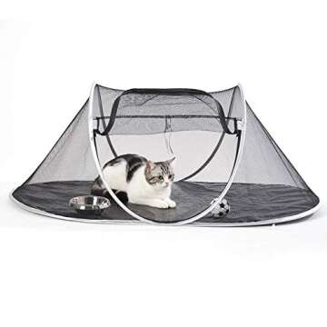 Fooubaby Cat Tent Pop Up Cat House Outside Pet Enclosure Tent Indoor Playpen Portable for Cats Small Dogs in Deck, Yard, Patio, Park, Camping, Travel Outdoor in Summer (Black Net and Silver Edge)