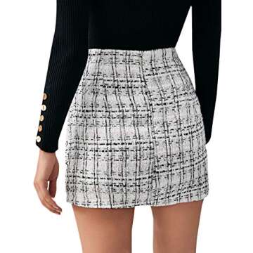 SweatyRocks Women's Elegant High Waist A-line Plaid Tweed Mini Skirt Black and White XS