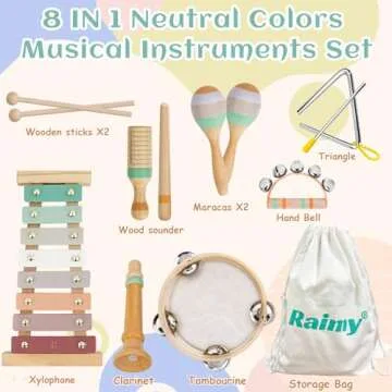 Raimy Musical Instruments Set - Neutral Colors Wooden Montessori Toys Percussion Music Modern Boho Xylophone Birthday Gifts for 3+ Year Old Kids Baby Toddlers Boys Girls with Storage Bag