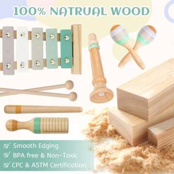 Raimy Musical Instruments Set - Neutral Colors Wooden Montessori Toys Percussion Music Modern Boho Xylophone Birthday Gifts for 3+ Year Old Kids Baby Toddlers Boys Girls with Storage Bag