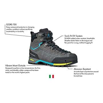 SCARPA Women's Zodiac Plus GTX Waterproof Gore-Tex Boots for Backpacking and Hiking - Shark/Maldive - 8-8.5