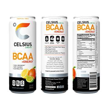 CELSIUS BCAA +Energy Sparkling Post-Workout Recovery & Hydration Drink, Tropical Twist, 144 Fl Oz , 12 Count (Pack of 1)