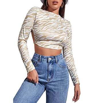 Remidoo Women's Sexy Backless Mock Neck Long Sleeve Crop Top T-Shirt Light Khaki X-Small