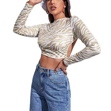 Remidoo Women's Sexy Backless Mock Neck Long Sleeve Crop Top T-Shirt Light Khaki X-Small