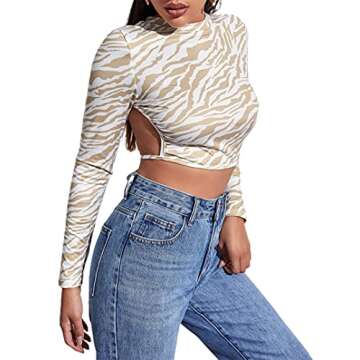 Remidoo Women's Sexy Backless Mock Neck Long Sleeve Crop Top T-Shirt Light Khaki X-Small