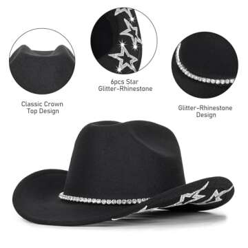 Bling Rhinestone Western Cowgirl Hat for Women Men, Rolled Up Sparkly Star Felt Fedora, Retro Rodeo Panama Black Cowboy Hat