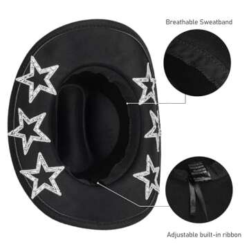 Bling Rhinestone Western Cowgirl Hat for Women Men, Rolled Up Sparkly Star Felt Fedora, Retro Rodeo Panama Black Cowboy Hat