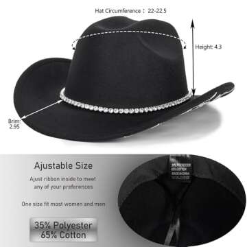 Bling Rhinestone Western Cowgirl Hat for Women Men, Rolled Up Sparkly Star Felt Fedora, Retro Rodeo Panama Black Cowboy Hat