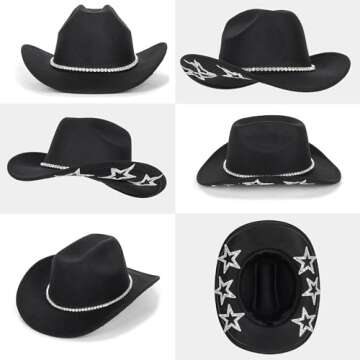 Bling Rhinestone Western Cowgirl Hat for Women Men, Rolled Up Sparkly Star Felt Fedora, Retro Rodeo Panama Black Cowboy Hat