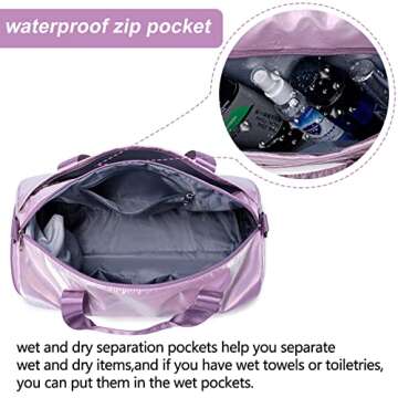 Gym Bag Sports Duffle Bag with Wet Pocket Weekender Overnight Bag with Waterproof Shoe Pouch and Air Hole for Women Girls Travel Foldable Bag (Metallic Purple)