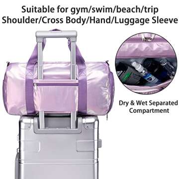 Gym Bag Sports Duffle Bag with Wet Pocket Weekender Overnight Bag with Waterproof Shoe Pouch and Air Hole for Women Girls Travel Foldable Bag (Metallic Purple)