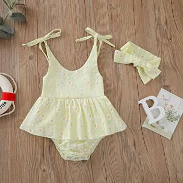 Baby Girls Daisy Playsuits Bodysuit+Headband Print Halter Romper Floral Jumpsuit Infant Summer Clothes (Yellow, 6-12 Months)