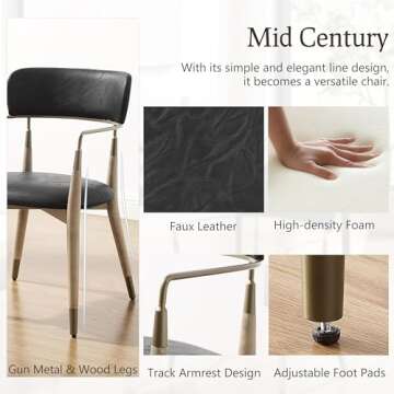 Art Leon Dining Chairs, Set of 2, Mid Century Modern Kitchen Dining Room Chairs, Faux Leather Upholstered Accent Chair with Wood Legs, Arm Chairs with Open Backrest for Living Room Bedroom, Black