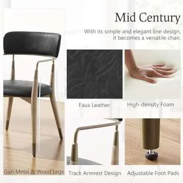 Art Leon Dining Chairs, Set of 2, Mid Century Modern Kitchen Dining Room Chairs, Faux Leather Upholstered Accent Chair with Wood Legs, Arm Chairs with Open Backrest for Living Room Bedroom, Black