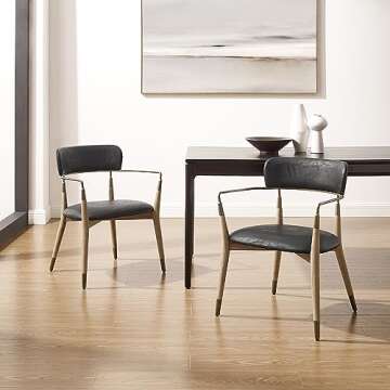 Art Leon Dining Chairs, Set of 2, Mid Century Modern Kitchen Dining Room Chairs, Faux Leather Upholstered Accent Chair with Wood Legs, Arm Chairs with Open Backrest for Living Room Bedroom, Black