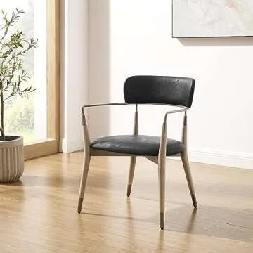 Art Leon Dining Chairs, Set of 2, Mid Century Modern Kitchen Dining Room Chairs, Faux Leather Upholstered Accent Chair with Wood Legs, Arm Chairs with Open Backrest for Living Room Bedroom, Black