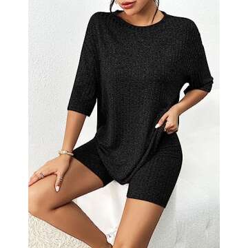 Aoulaydo Womens 2 Piece Lounge Set Summer Ribbed Knit Matching Outfits T-shirt Biker Shorts Casual Pajamas Set Black