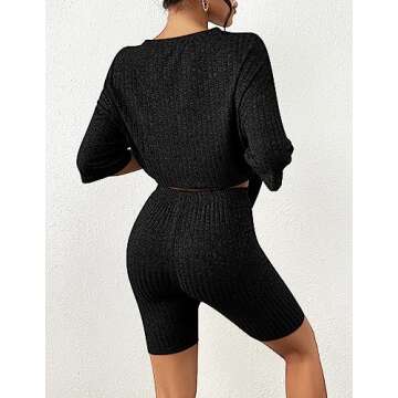 Aoulaydo Womens 2 Piece Lounge Set Summer Ribbed Knit Matching Outfits T-shirt Biker Shorts Casual Pajamas Set Black