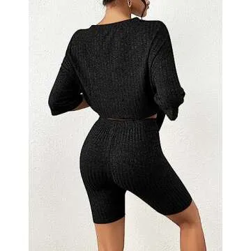 Aoulaydo Womens 2 Piece Lounge Set Summer Ribbed Knit Matching Outfits T-shirt Biker Shorts Casual Pajamas Set Black
