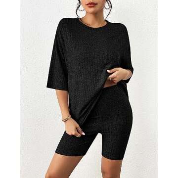 Aoulaydo Womens 2 Piece Lounge Set Summer Ribbed Knit Matching Outfits T-shirt Biker Shorts Casual Pajamas Set Black