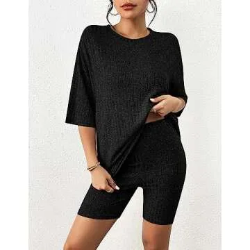 Aoulaydo Womens 2 Piece Lounge Set Summer Ribbed Knit Matching Outfits T-shirt Biker Shorts Casual Pajamas Set Black
