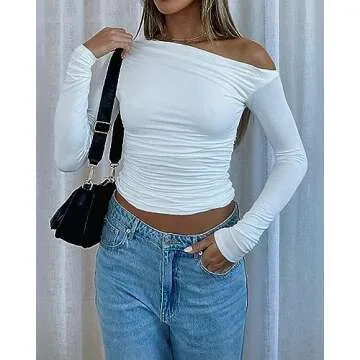 Cioatin Women Asymmetrical Pleat Ruched Off Shoulder Long Sleeve Crop Top Y2K Slim Fit T-Shirt Fall Tee Going Out Shirt White