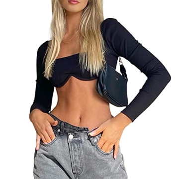 Women Long Sleeve Square Neck Crop Top - Y2K Fashion