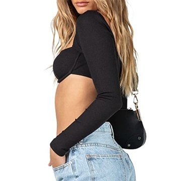 Women Long Sleeve Square Neck Crop Top - Y2K Fashion